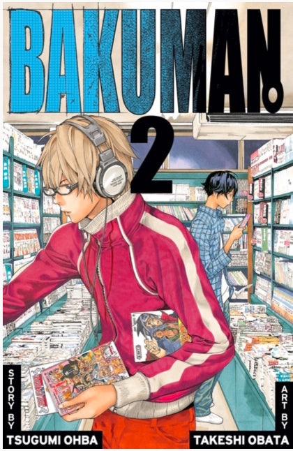 Engelstalige cover van Bakuman Vol. 2, met Moritaka Mashiro en Akito Takagi in een dynamische pose te midden van hun creatieve proces als beginnende mangaka, getekend in de gedetailleerde stijl van Tsugumi Ohba en Takeshi Obata.