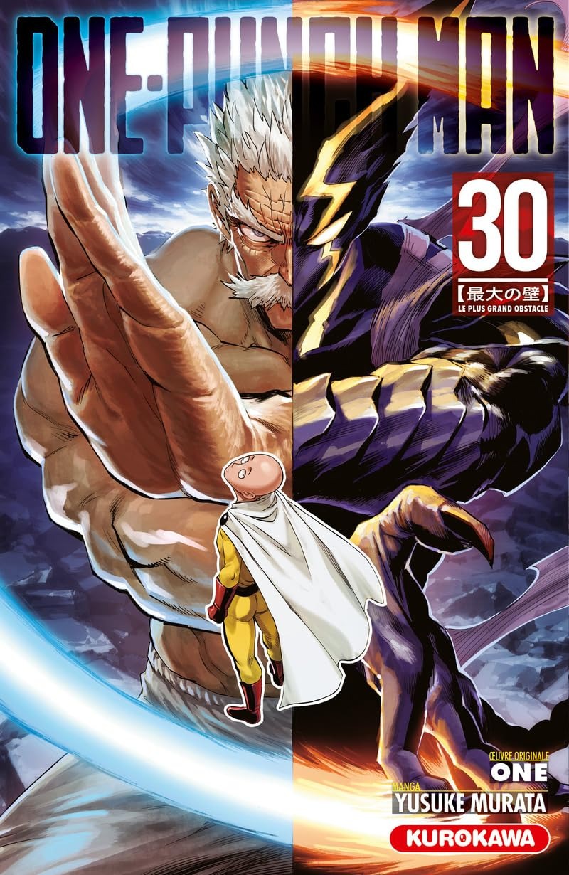 Cover van One-Punch Man volume 30 manga, met Saitama en andere helden in actie tijdens het gevecht tegen de Monster Association en de confrontatie met Garou