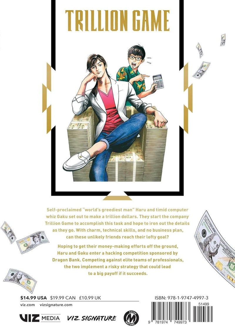 Backcover van Trillion Game volume 2 manga, met een samenvatting van Haru en Gaku’s missie om een biljoen-dollarbedrijf te bouwen en hun deelname aan een gevaarlijke hack-wedstrijd.