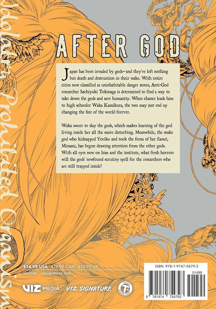 De achterkant van After God Volume 4 geeft een meeslepende samenvatting van het verhaal. Japan is overspoeld door goden die dood en vernietiging brengen. Anti-God onderzoeker Sachiyuki Tokinaga zoekt een manier om de mensheid te redden, maar zijn pad kruist dat van de middelbare scholier Waka Kamikura – een meisje dat zweert de goden te verslaan, terwijl er één in haar huist. Ondertussen bedreigt de slangengod Minami, in de gedaante van Yoriko’s verloofde, de fragiele balans.
