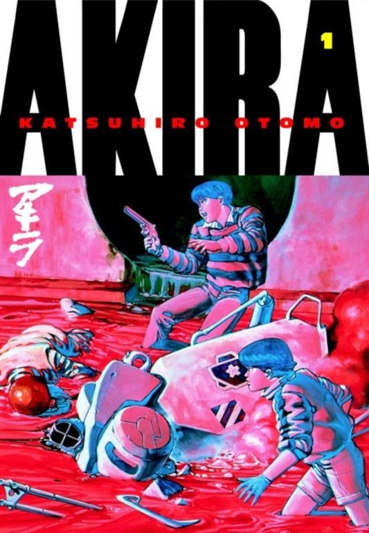 Cover van Akira Volume 1, de baanbrekende cyberpunk manga van Katsuhiro Otomo. De illustratie toont Neo-Tokio in chaos: twee jongeren, Kaneda en Tetsuo, bewegen zich te midden van een bloedrood slagveld met wrakstukken en rook. Deze iconische voorkant zet de toon voor een dystopische wereld vol geweld, paranormale krachten en politieke intriges.