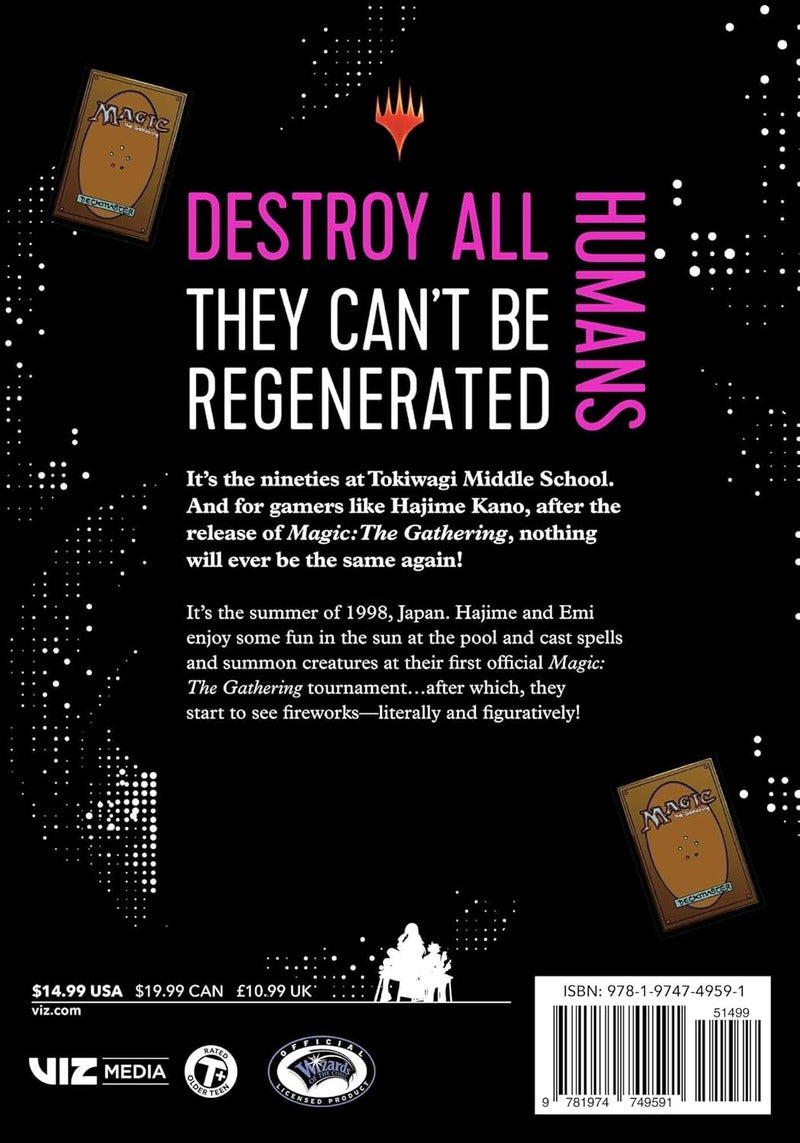 Backcover van Destroy All Humans: They Can’t Be Regenerated volume 2 manga, met een samenvatting van Hajime Kano en Emi Sawatari die hun vriendschap en Magic: The Gathering-vaardigheden verder ontwikkelen tijdens een spannend toernooi