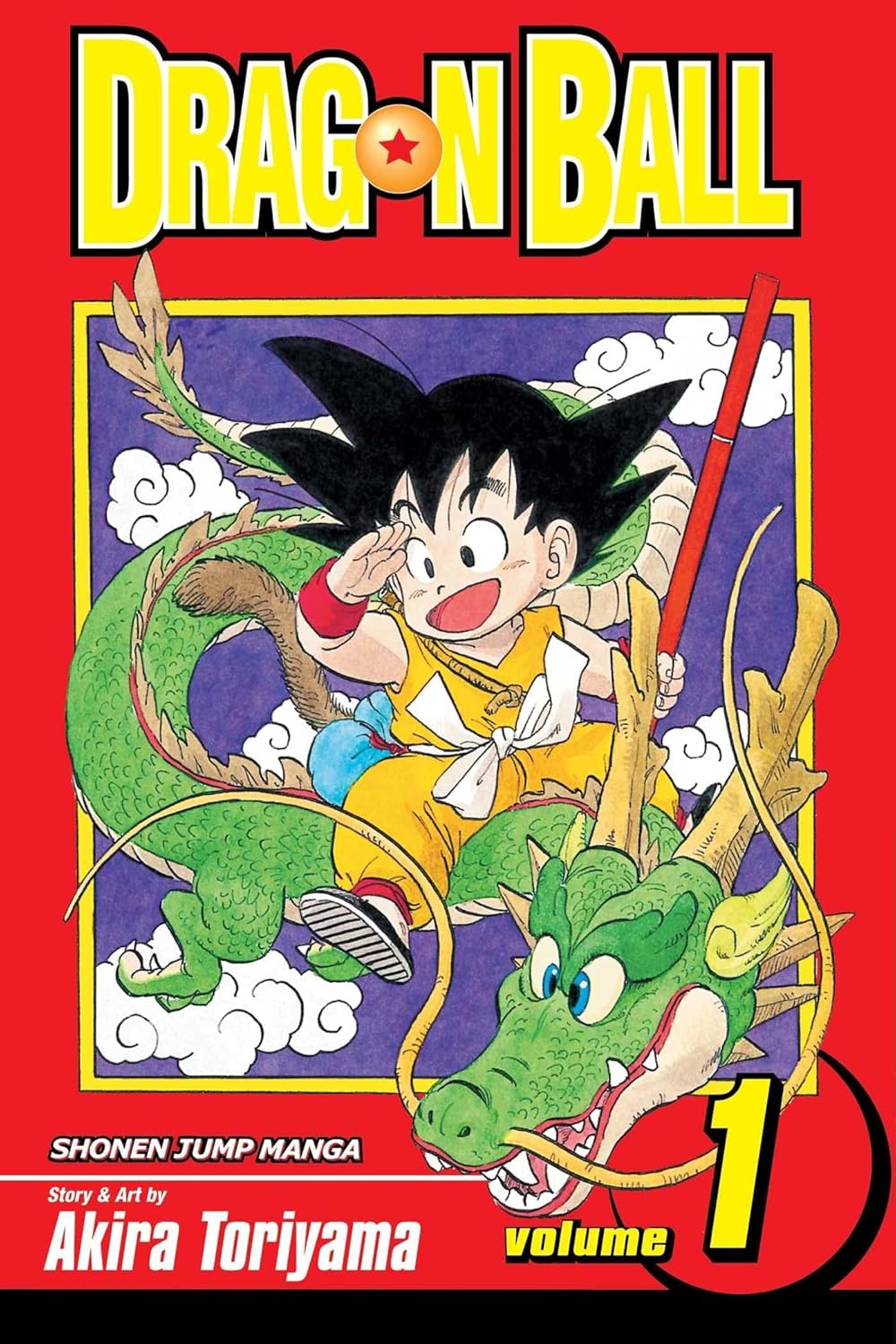 Cover van Dragon Ball Volume 1 door Akira Toriyama, met jonge Goku met zijn staart, een vliegend wolkje (Nimbus), Bulma op de achtergrond, in kleuren in actie‑/avontuur manga stijl