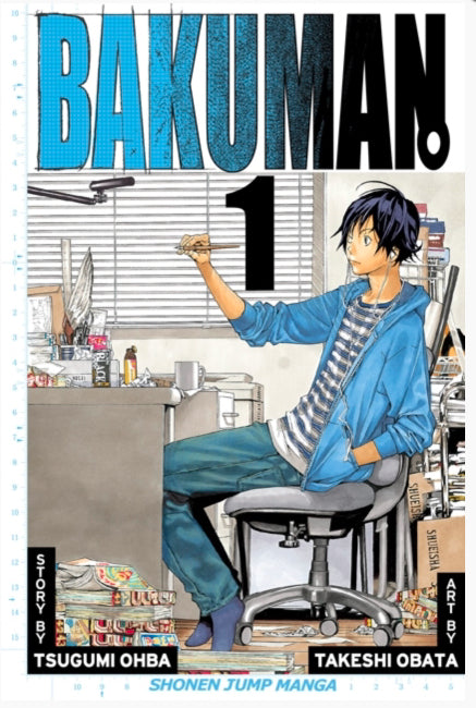 Engelstalige cover van Bakuman Vol. 1, met hoofdpersonages Moritaka Mashiro en Akito Takagi in een creatieve studio-omgeving, getekend in de herkenbare manga-stijl van het makersduo achter Death Note.