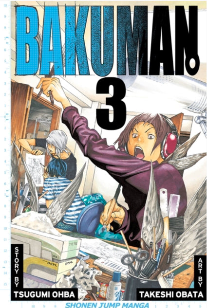Engelstalige cover van Bakuman Vol. 3, met Moritaka Mashiro zittend aan zijn tekentafel, omringd door schetsen en manga-tools, terwijl hij gefocust werkt aan zijn droom om professioneel mangaka te worden — illustratie in de herkenbare stijl van Takeshi Obata.