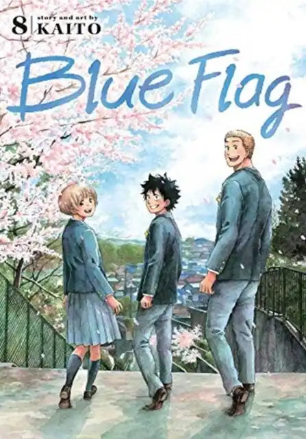 Engelstalige cover van Blue Flag Vol. 8, met hoofdpersonages in een intieme en reflectieve scène, getekend in een expressieve en sfeervolle manga-stijl die emoties en relaties centraal stelt.