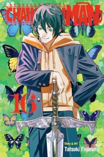 Engelstalige cover van Chainsaw Man Vol. 16, met een krachtige en intense illustratie van Denji en andere belangrijke personages in een dramatische en actievolle scène, getekend in de unieke stijl van Tatsuki Fujimoto.