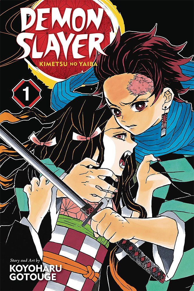 Engelstalige cover van Demon Slayer: Kimetsu No Yaiba Vol. 1, met Tanjiro Kamado in zijn kenmerkende groene en zwarte checkered haori, klaar voor de strijd tegen demonen, getekend in een gedetailleerde en expressieve manga-stijl.