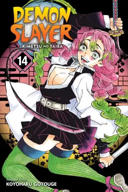 Engelstalige cover van Demon Slayer: Kimetsu no Yaiba Vol. 14, met Tanjiro Kamado en andere hoofdpersonages in een intense en dramatische scène, getekend in de gedetailleerde en expressieve stijl van Koyoharu Gotouge.