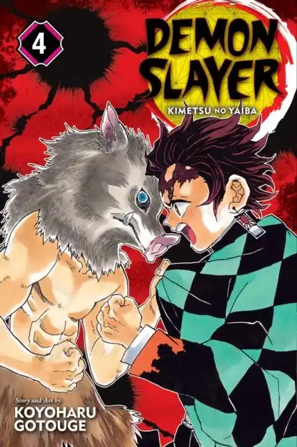Engelstalige cover van Demon Slayer: Kimetsu no Yaiba Vol. 4, met Tanjiro Kamado en Zenitsu Agatsuma in een spannende actievolle scène, getekend in de gedetailleerde en expressieve manga-stijl van Koyoharu Gotouge.