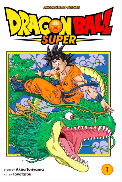Engelstalige cover van Dragon Ball Super Vol. 1, met Goku en Beerus in een epische en actievolle pose, die het begin van een nieuw hoofdstuk in het Dragon Ball-universum markeert, getekend in de iconische stijl van Akira Toriyama en Toyotarou.