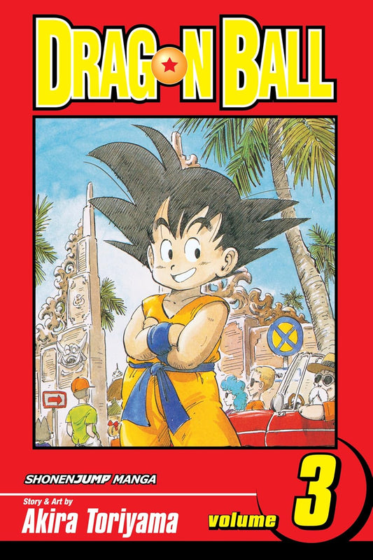 Engelstalige cover van Dragon Ball Vol. 3, met Goku in gevechtshouding naast Krillin, terwijl ze trainen bij Meester Roshi, getekend in de klassieke, humorvolle en actievolle stijl van Akira Toriyama.