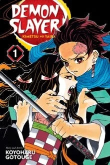 Japanse cover van Demon Slayer Vol. 1 (鬼滅の刃 第1巻), met hoofdpersonage Tanjiro Kamado in zijn kenmerkende groene en zwarte kimono, klaar voor de strijd tegen demonen, getekend in levendige manga-stijl.