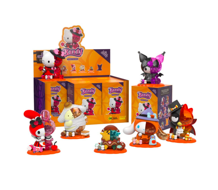 Cover van Kandy × Sanrio Blind Box Series 4 Spooky Fun Edition, ontworpen door Jason Freeny; Sanrio figuren zoals Hello Kitty in Halloween thema, dissectible stijl, kleurrijke en schattig griezelige vinyl collectible