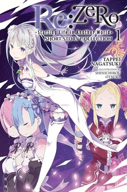 Cover van Re:ZERO -Starting Life in Another World- Short Story Collection Volume 1, met hoofdpersonage Subaru Natsuki en populaire personages zoals Rem en Emilia in een fantasierijke anime-stijl.