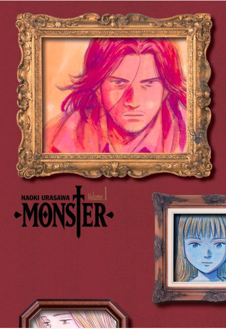 Cover van Monster: The Perfect Edition Vol. 1 door Naoki Urasawa, met close‑up portret van Johan Liebert in zwart‑wit/geschenen stijl op rode achtergrond, thriller/mystery manga