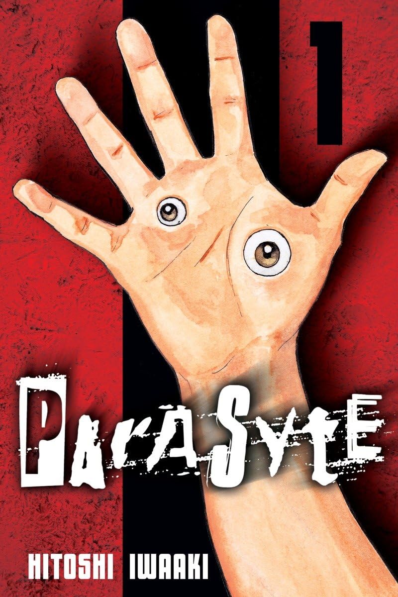Cover van Parasyte Volume 1 Full Color Edition door Hitoshi Iwaaki, met afbeelding van een tiener (Shinichi Izumi) en een alien parasiet in zijn rechter hand, stijl horror / sciencefiction manga