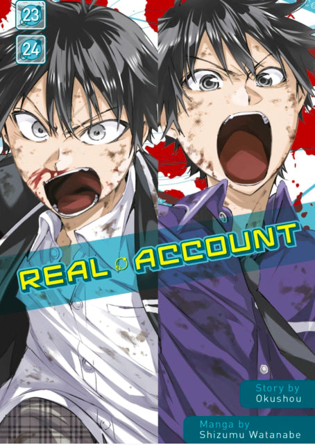 Cover van Real Account Vol. 23-24 (Engelse editie) met hoofdpersoon in een digitale overlevingsstrijd – spannende psychologische thriller manga van Okushou en Shizumu Watanabe