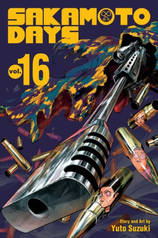 Cover van Sakamoto Days Volume 16, shōnen manga van Yuto Suzuki. De illustratie toont Taro Sakamoto en zijn bondgenoten in een dynamische pose, klaar voor een nieuwe missie vol actie en spanning. In dit deel draait alles om het bemachtigen van tickets voor de “Assassin Exhibition of the Century”, terwijl Slur’s terroristische plan de JAA en de orde van huurmoordenaars op zijn kop zet.
