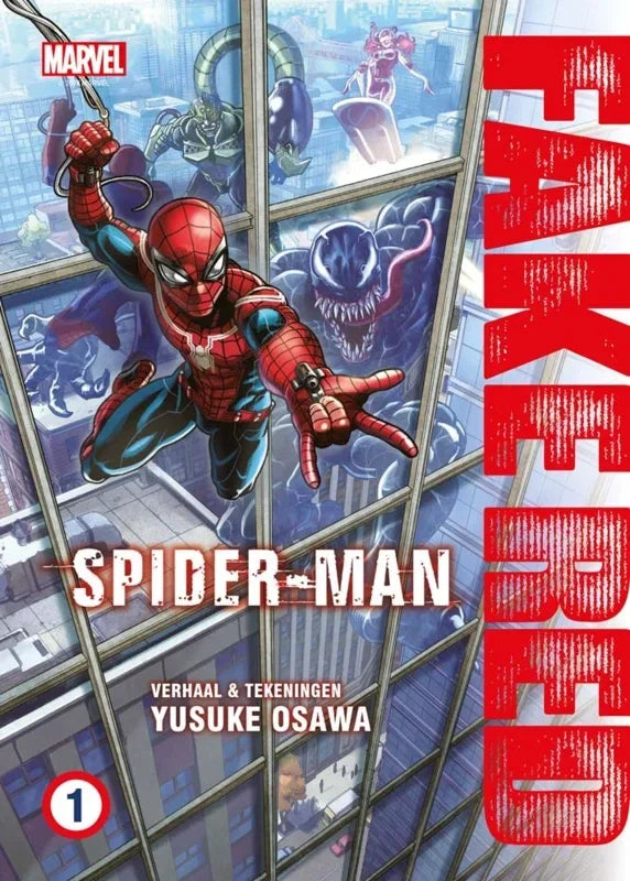 Cover van Nederlandse Spider-Man Fake-Red manga deel 1 met Spider-Man in dynamische actiepose, spannende superhelden avonturen.